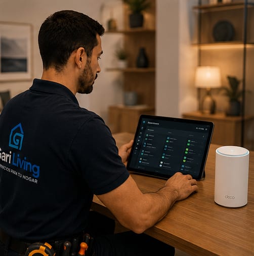 Técnico instalando punto de acceso WiFi profesional